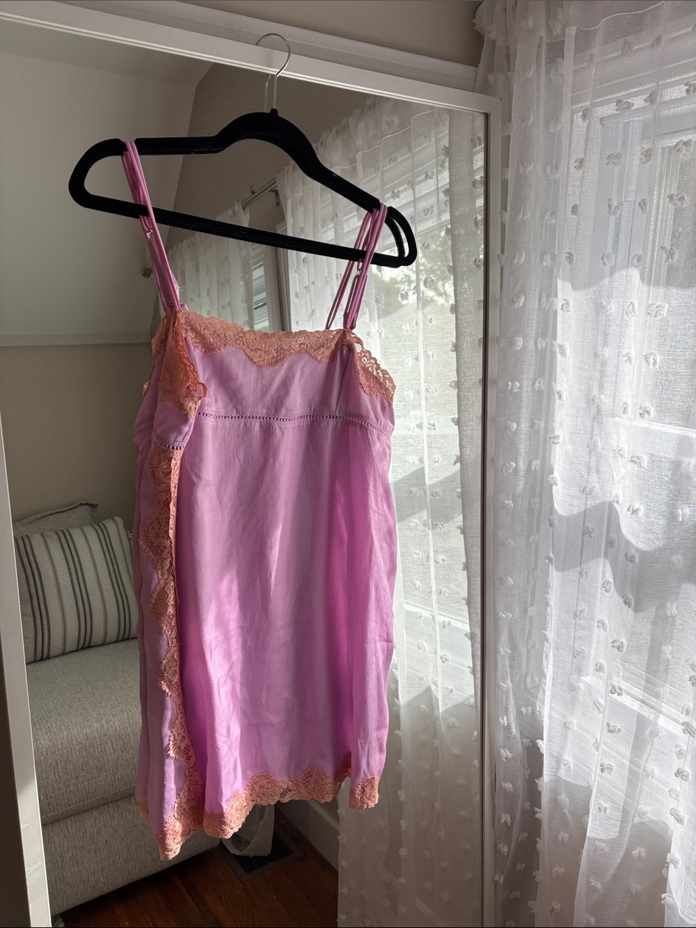 Free People Pink Satin Chemise with Peach Lace Trim